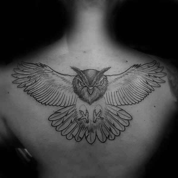 Manly Guys Owl Back Tattoo Design Ideas