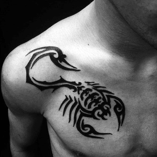 Manly Guys Scorpion Tribal Upper Chest Tattoo Ideas