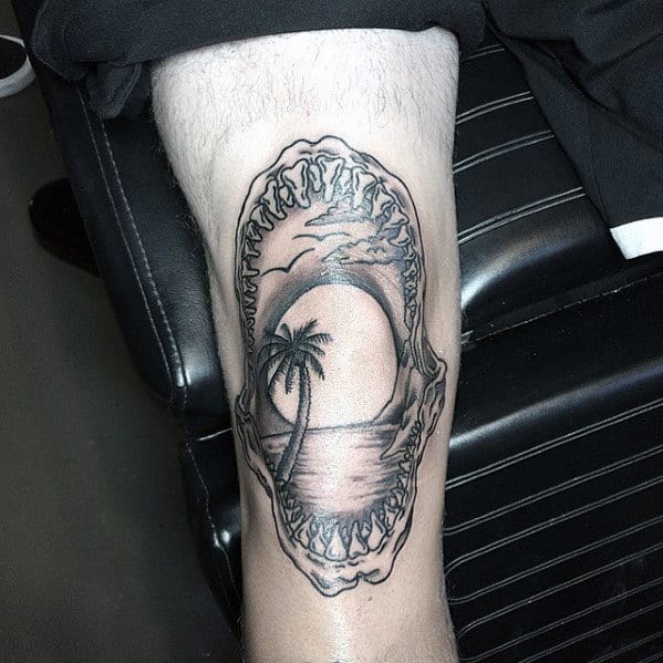 Manly Guys Shark Jaw Palm Tree With Sun Thigh And Knee Tattoo