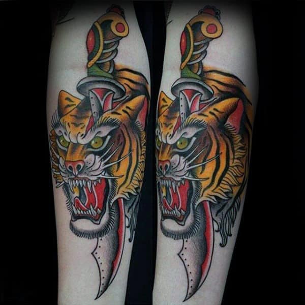 Manly Guys Traditional Inner Forearm Tigger Dagger Tattoo Ideas
