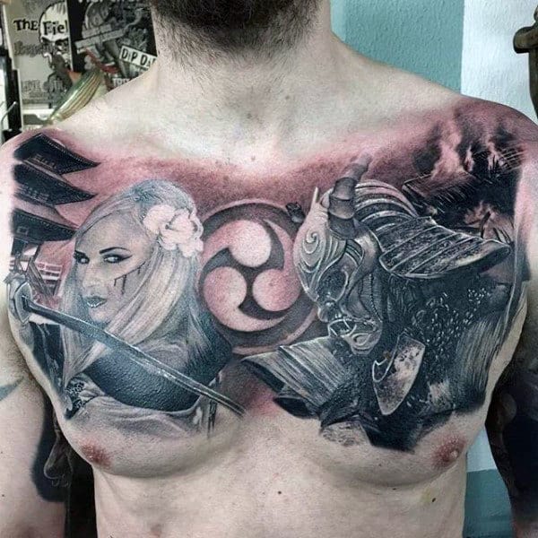 Manly Guys Upper Chest Katana Samurai Tattoos