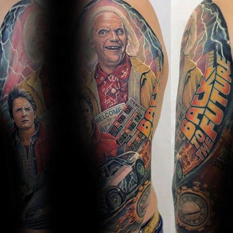 Manly Half Sleeve Guys Back To The Future Themed Tattoo Design Ideas
