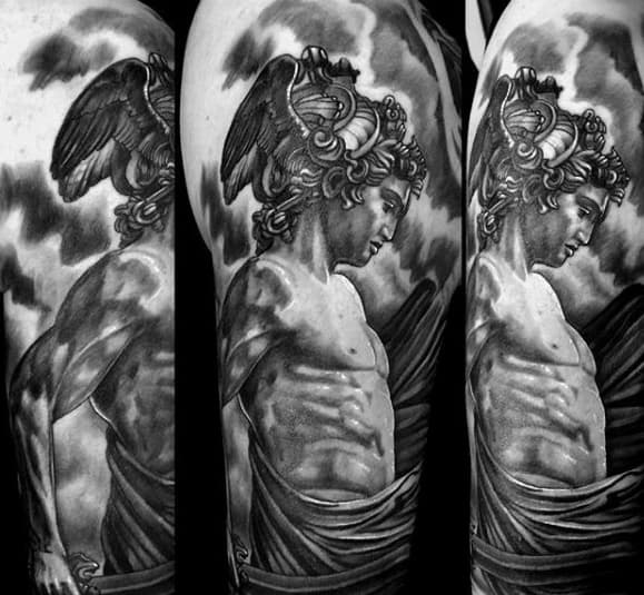 Manly Half Sleeve Shaded Perseus Tattoo Design Ideas For Men