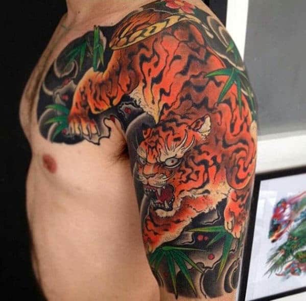 Manly Half Sleeve Tiger Japanese Guys Traditional Tattoo