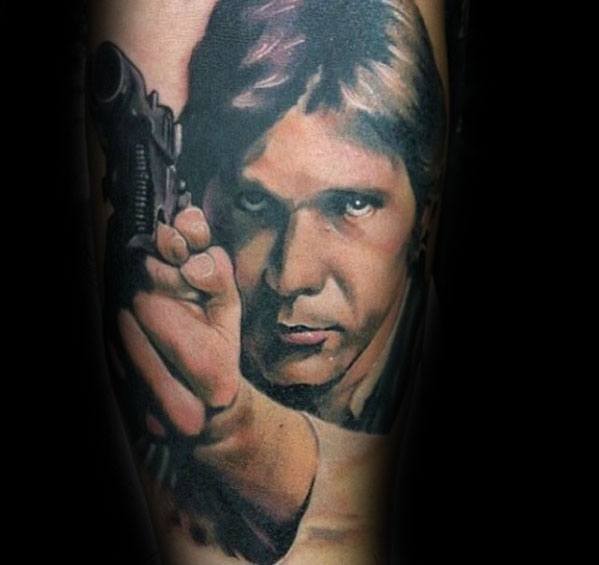 Manly Han Solo Holding Blaster Pistol Arm Tattoo Design Ideas For Men