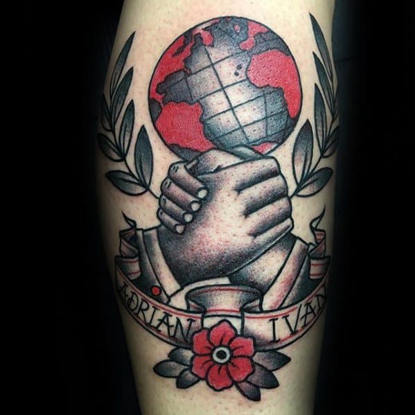 Manly Handshake Globe Leg Tattoo Design Ideas For Men