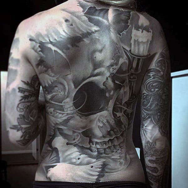 Manly Hollow Eyed Skull Tattoo Male Full Back