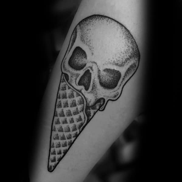 Black and grey dotwork tattoo of a skull melting into an ice cream cone, featuring intricate shading and bold contrast for a gothic-inspired design.