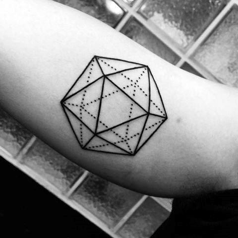Clean black icosahedron tattoo on the arm with solid and dotted lines, creating a minimalist and dimensional geometric design.