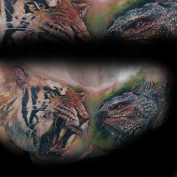 Realistic tattoo of a fierce tiger face growling at a calm iguana, with rich detail, vibrant tones, and a dramatic jungle background