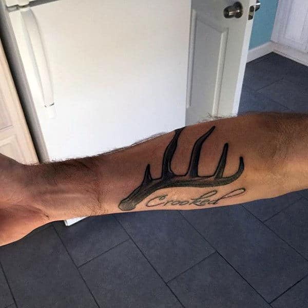 Manly Inner Forearm Antler Crooked Lettering Tattoo