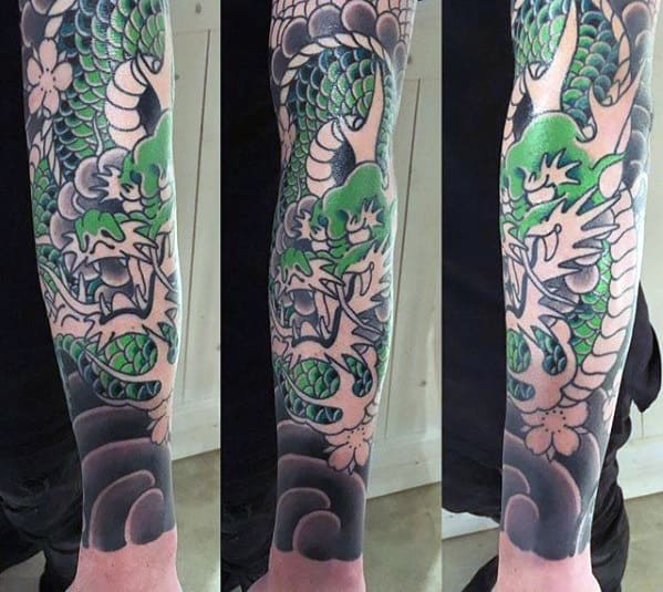 Manly Japanese Black And Grey Ink Dragon Forearm Tattoos For Men
