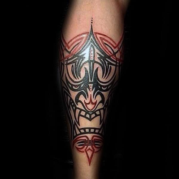 Manly Japanese Demon Mask Pinstripe Guys Leg Tattoo Design Ideas