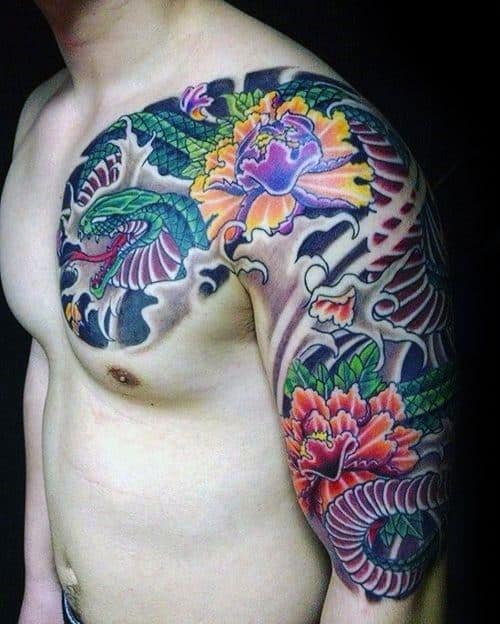 Manly Japanese Snake Half Sleeve Tattoo Design Ideas For Men