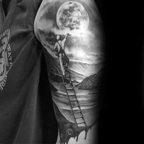 Realistic tattoo depicting a man climbing a ladder toward the moon, symbolizing reaching goals, ideal for detailed men's upper-arm tattoos.