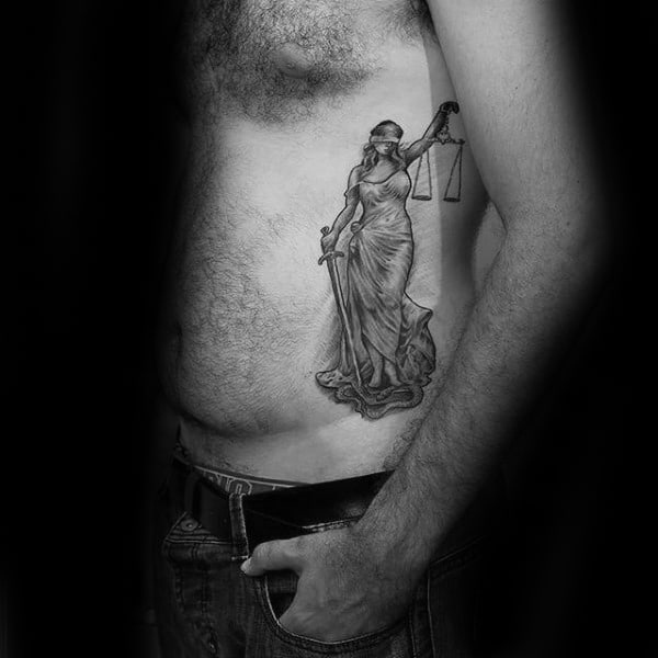 Manly Lady Justice Rib Cage Side Tattoos For Men