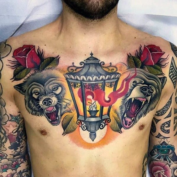 Manly Lantern With Roaring Bear And Wolf Chest Tattoo Design Ideas For Men