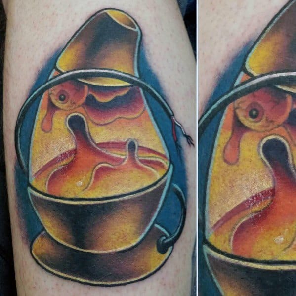 Broken lava lamp tattoo with fiery orange wax spilling out, ideal for edgy and creative men's tattoo inspiration.