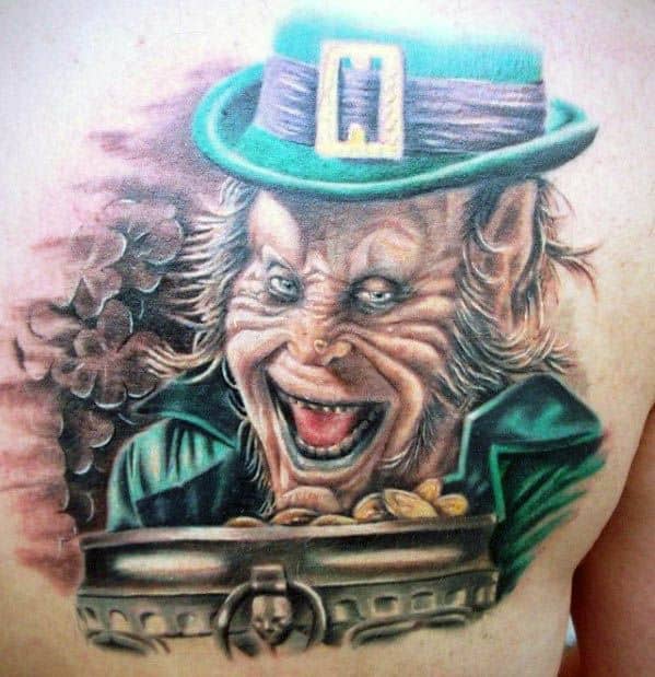 Creepy leprechaun tattoo with glowing eyes and a wicked grin, peeking over a pot filled with gold coins and surrounded by dark smoke.