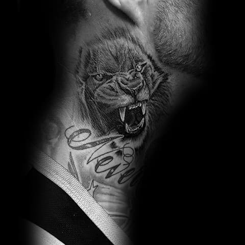 Realistic roaring lion neck tattoo with intense shading and fine details, paired with elegant script for a fierce and bold statement.