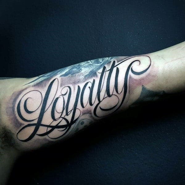 Manly Loyalty Inner Arm Bicep Guys Script Tattoos