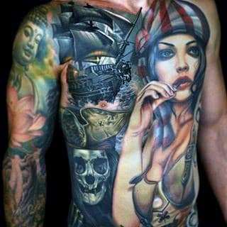 Manly Male Tattoos Of Pirate Ships On Chest