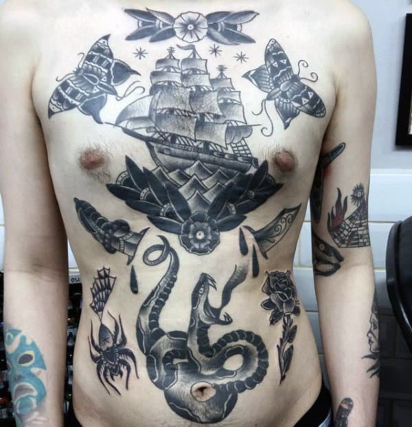 Manly Male Traditional Ship Tattoo On Upper Chest