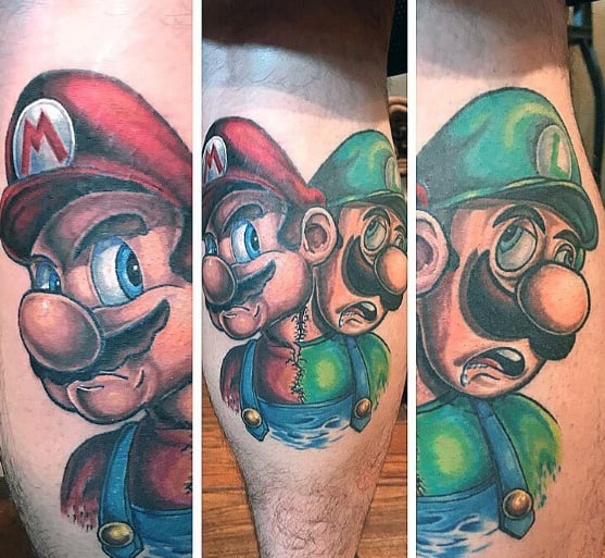 Unique *Mario & Luigi* tattoo with a split-face design, blending bold colors and shading to create a striking dual-character effect.