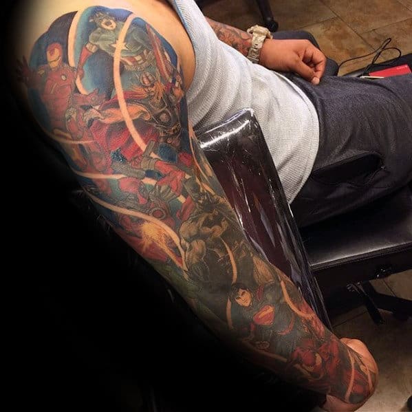 Manly Marvel Superhero Full Arm Guys Sleeve Tattoos