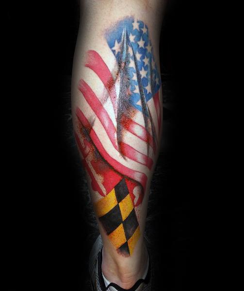 Tattoo featuring the American and Maryland flags blending together on the leg, symbolizing patriotism and state pride with a realistic waving effect.