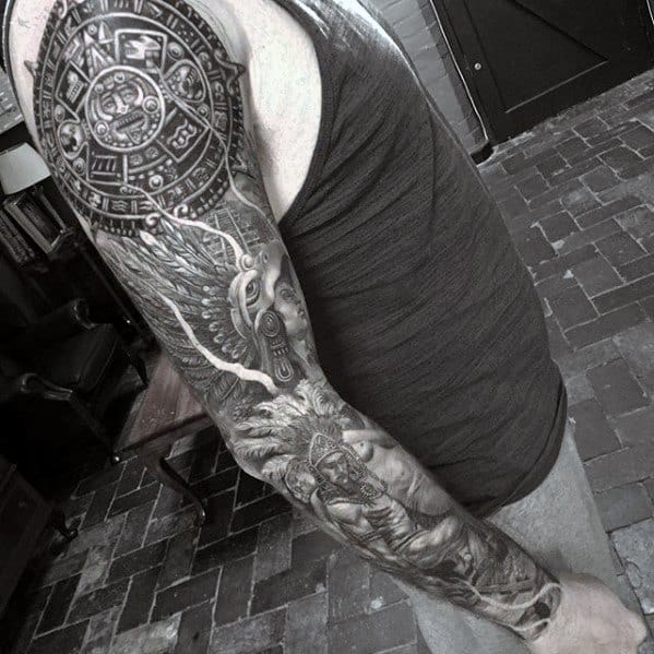 Manly Mayan Calender Tattoo Design Ideas For Men Full Arm Sleeve