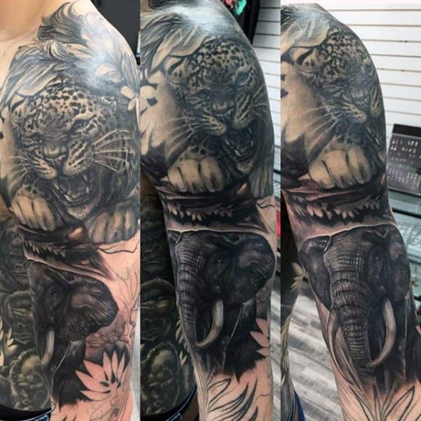 Manly Mens Animal Tattoos Full Sleeve Design With Elephant And Jaguar