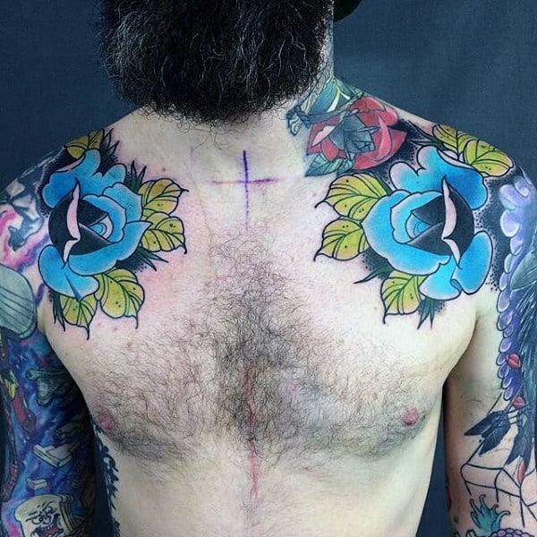 Manly Mens Blue Roses Colorful Shoulder Tattoo Designs