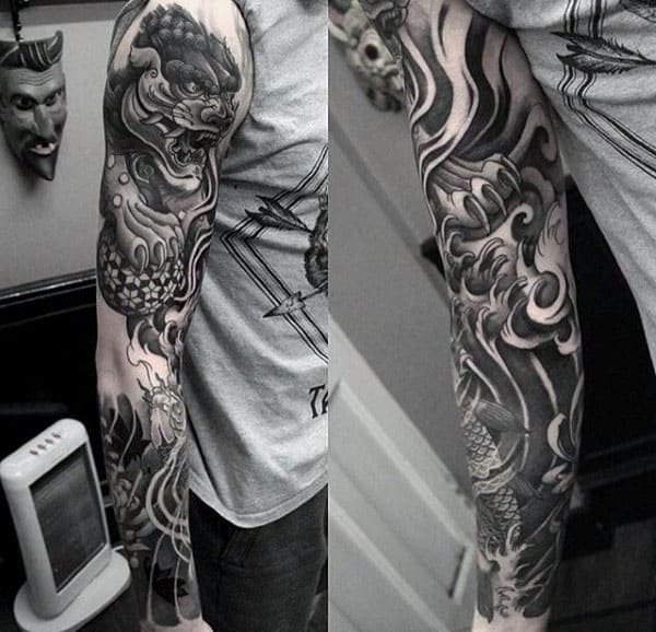 Manly Mens Foo Dog Full Sleeve Shaded Tattoo Design Ideas