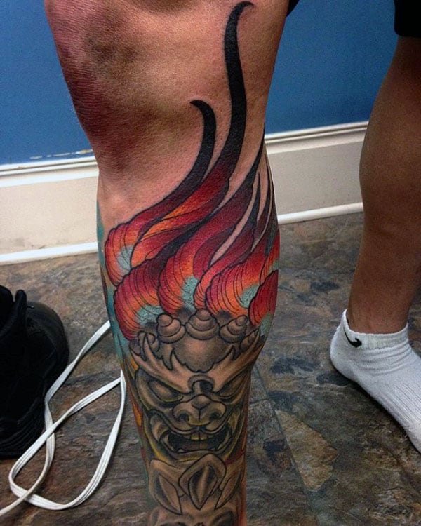 Manly Mens Foo Dog Leg Sleeve Tattoos