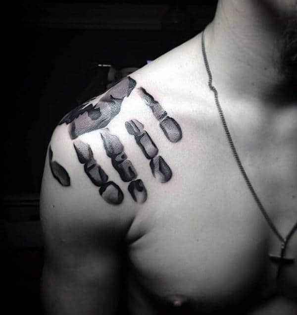 Manly Mens Handprint Tattoo With Grey And Black Ink On Shoulder