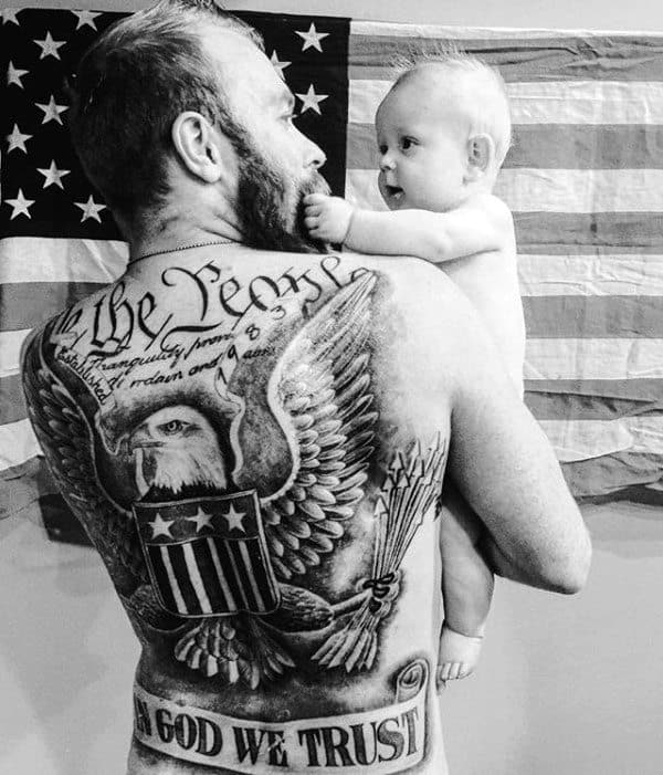 Manly Mens In God We Trust America Themed Full Back Tattoo Designs