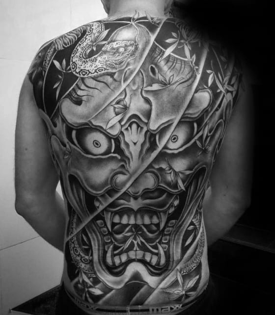 Manly Mens Japanese Demon Full Back Black And Grey Shaded Tattoo Design