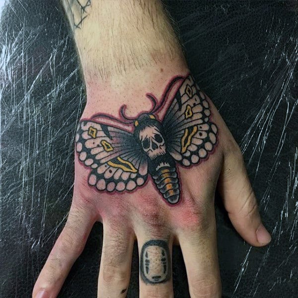 Manly Mens Moth Skull Hand Tattoos