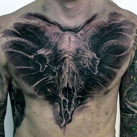Manly Mens Shaded Goat Skull Upper Chest Tattoo With 3d Design