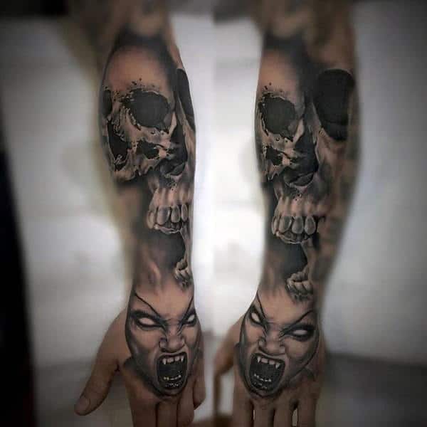 Manly Mens Skull Tattoos Sleeve On Forearm And Hands