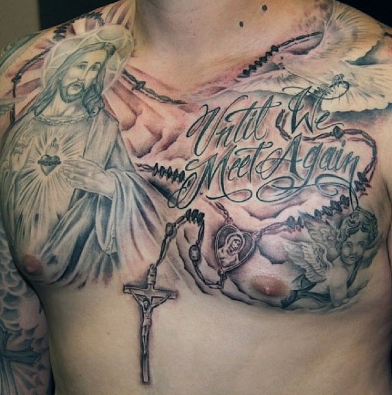 Manly Mens Tattoos Rosary On Chest With Jesus Christ