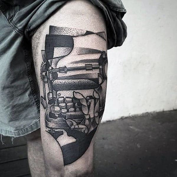 Manly Mens Typewriter Thigh Tattoo Design Ideas