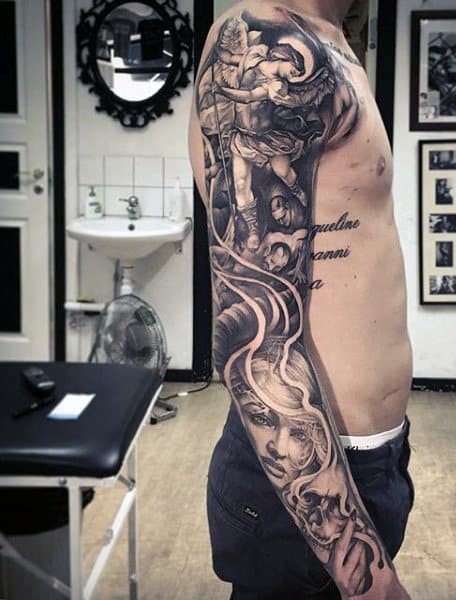 Manly Micheal Archangel Tattoo Design On Men Full Sleeves