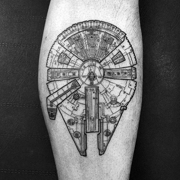 Detailed black line Millennium Falcon tattoo with technical-style precision and symmetrical design on the back of the calf.