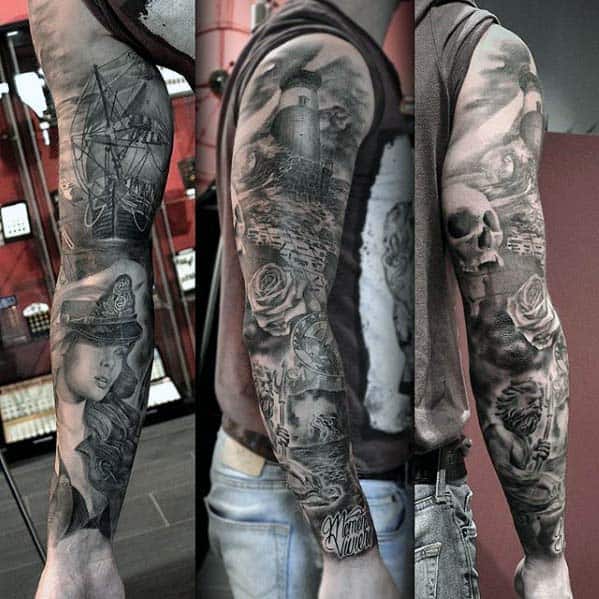 Manly Nautical Full Arm Sleeve Tattoo Designs For Men