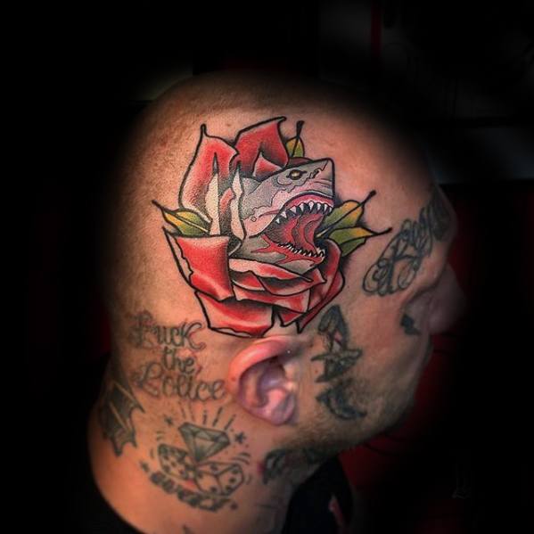 Neo-traditional head tattoo of a shark emerging from a red rose, with bold outlines and contrasting green leaves.