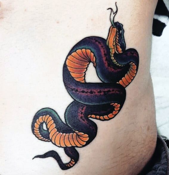 Neo-traditional tattoo of a coiled black and orange snake with bold shading and smooth gradients, creating a striking and dynamic design.