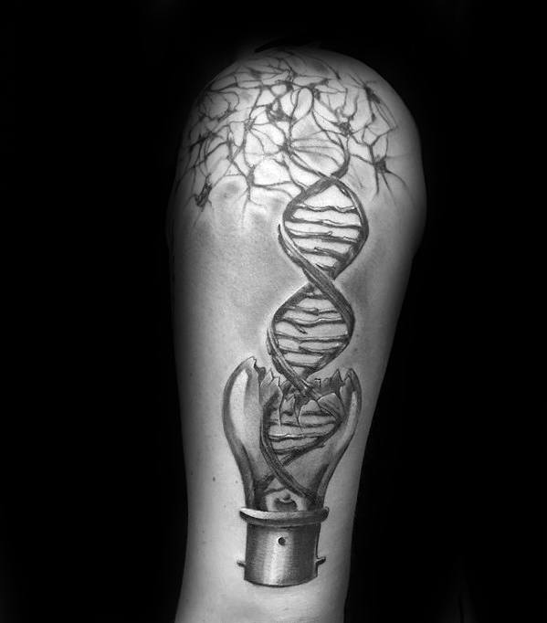Black and grey tattoo of a DNA strand rising from a cracked light bulb, transforming into branching neurons at the top of the arm.