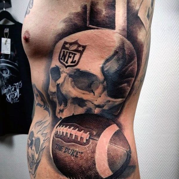 Manly Nfl Themed Male Football Full Rib Cage Side Tattoos